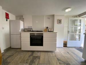 a kitchen with a stove and a refrigerator at Clifton garden flat with parking in Bristol
