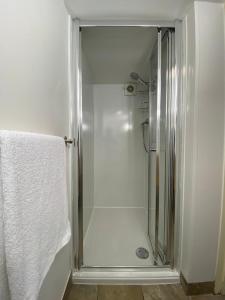 a shower with a glass door in a bathroom at Clifton garden flat with parking in Bristol