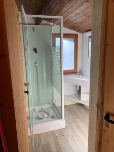 La salle de bains est pourvue d'une douche avec une porte en verre. dans l'établissement les petits chalets de DUDU, à La Voulte-sur-Rhône