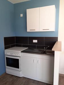 a kitchen with a white stove and a sink at chez Virginie et Jacky in Les Épesses