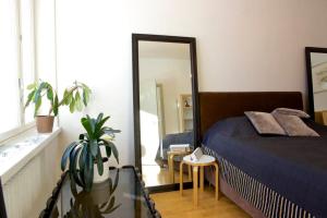 a bedroom with a bed and a large mirror at Kaunis ydinkeskustan huoneisto in Tampere