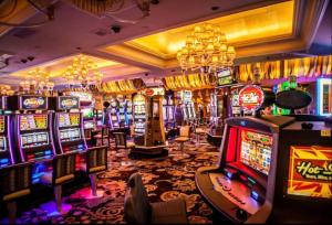 a casino with many slot machines in a room at Mountain Bliss Retreat near Asheville & Charlotte in Kings Mountain