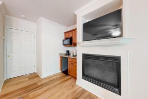 a living room with a fireplace and a tv at Riverside Trout Haven in Helen