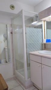 ein Bad mit einer Dusche und einem Waschbecken in der Unterkunft Nice 33 m apartment with garden and terrace in Six-Fours-les-Plages
