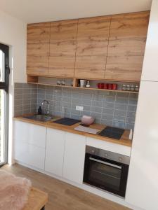 a kitchen with white cabinets and a sink at Bruka house Vrujci in Gornja Toplica