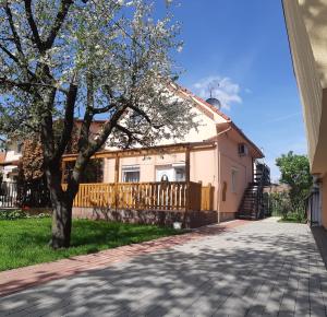 ハイドゥソボスローにあるRózsa Apartmentの私道横の木のある家