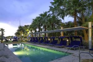 uma piscina com cadeiras azuis e palmeiras em Residence Inn by Marriott Fort Lauderdale Intracoastal em Fort Lauderdale