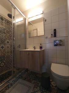 uma casa de banho com um chuveiro, um WC e um lavatório. em Avli Townhouse em Panormos