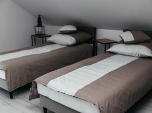 two beds sitting next to each other in a bedroom at Korcza in Inwałd