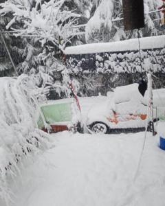 un patio cubierto de nieve con un coche cubierto de nieve en TravelON Manali Glamping Resort en Manāli