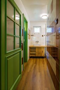 a bathroom with a green door and a sink at Folwark Wierzchy in Wierzchy