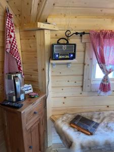 eine Blockhütte mit einem Radio an der Wand in der Unterkunft Grillkota Holzhütte in Lauenburg