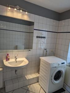 ein Badezimmer mit einer Waschmaschine und einem Waschbecken in der Unterkunft Flensburg Zentrum 69 02 in Flensburg