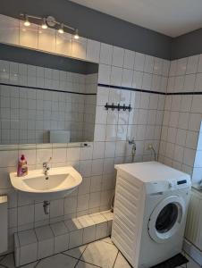 a bathroom with a washing machine and a sink at Flensburg Zentrum 69 02 in Flensburg