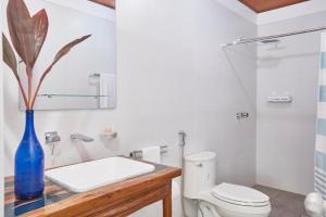 塔拉波托的住宿－CASONA DON LUCAS，浴室设有卫生间,在柜台上设有蓝色花瓶