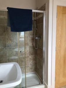 a bathroom with a shower with a blue towel at An teach Illanmore in Portsalon +41 photos