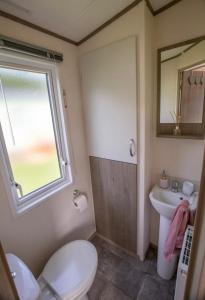 a bathroom with a toilet and a sink and a window at Pepper Pot Lodge in Knaresborough