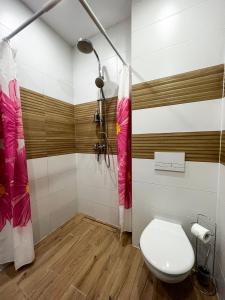 a bathroom with a toilet and a shower at Apartament Zdrojowy 62 K in Nałęczów