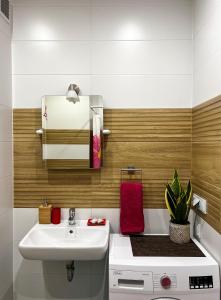 a bathroom with a white sink and a mirror at Apartament Zdrojowy 62 K in Nałęczów