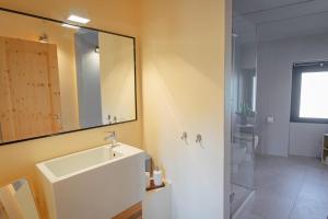 La salle de bains est pourvue d'un lavabo blanc et d'un miroir. dans l'établissement CASA OPICINA - Elegante appartamento in VILLA CARSICA, à Villa Opicina
