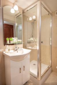 a bathroom with a shower and a sink and a shower at Zsófia Apartman in Veszprém
