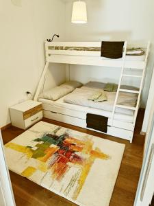 a room with two bunk beds with a rug on the floor at Green Apartment Cerknica in Cerknica +5 photos