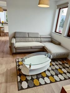 a living room with a couch and a coffee table at Green Apartment Cerknica in Cerknica
