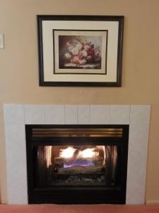 a fireplace with a fire in it with a picture above it at Arrowmont Stables & Cabins in Cullowhee