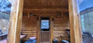 a doorway to a cabin with a wooden wall at Cabana Staier in Anina