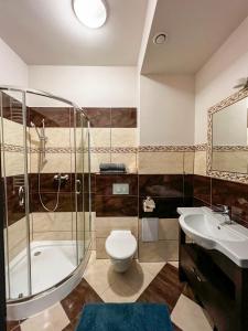 ルブリンにあるNoclegi Pod Lasemのバスルーム(シャワー、トイレ、シンク付)