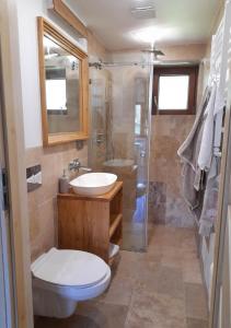 uma casa de banho com um WC, um lavatório e um chuveiro em Nad stawem em Mrągowo