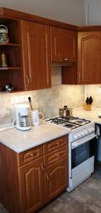 a kitchen with wooden cabinets and a stove top oven at Új Lilla Apartman in Keszthely