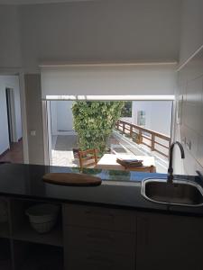 uma cozinha com um lavatório e vista para um pátio em Monte Papa Figos em Malhão