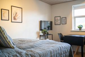 a bedroom with a bed and a desk and a television at Bjerrebo idyl - Romalt Bakker in Randers