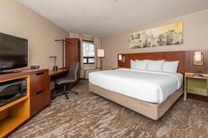 Comfort Inn Kenora في كينورا: غرفة فندقية بسرير كبير وتلفزيون بشاشة مسطحة