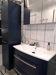 bagno con lavandino e specchio di Chambre chez l’habitant chez Nadine a Cagnes-sur-Mer