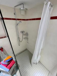 a shower in a bathroom with a shower curtain at Sonnenterrasse in Weilheim in Oberbayern