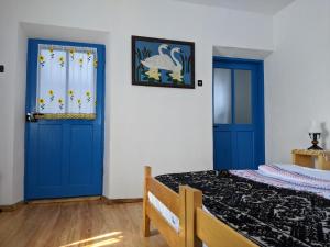 Un dormitorio con una puerta azul y una cama en Casa Traditionala Clisciova, en Murighiol