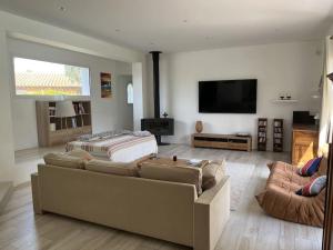 Televízia a/alebo spoločenská miestnosť v ubytovaní Villa avec magnifique piscine et grand jardin, à 2 pas du golf et de la plage