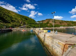 un cuerpo de agua con una luz de la calle al lado de una colina en The First & Last Inn, en Eyemouth