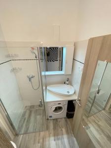 y baño pequeño con lavabo y ducha. en Siesta Apartman, en Balatonberény