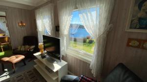 a living room with a television and a window at Hytte at Oyvoll in Farsund in Farsund