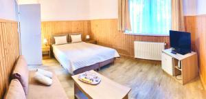 a hotel room with a bed and a television at Gościniec nad Zalewem in Kąty Rybackie