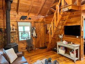 una sala de estar con TV en una cabaña de madera en Log Cabin with Mountain View and Privacy, en Blue Ridge