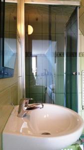 uma casa de banho com um lavatório e um chuveiro com um espelho. em Apartament z widokiem na góry em Ząb
