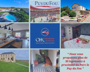 eine Collage von Bildern verschiedener Häuser und Gärten in der Unterkunft Gîte Le Bocage à 4 min du Puy du Fou in Les Épesses