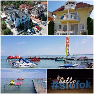 un collage de fotos con una casa y barcos en el agua en Crystal és Susanne Panzió, en Siófok