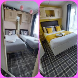 duas camas num quarto com amarelo e branco em Just Resort No29 em Balminnoch