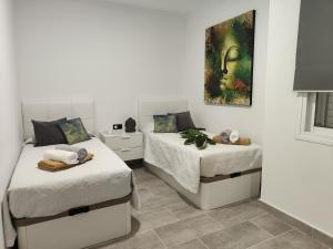 1 dormitorio con 2 camas y un cuadro en la pared en villa bonita en Corralejo