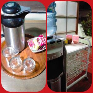 a kitchen counter with a coffee maker on a table at Sartika Hotel Prawirotaman in Yogyakarta